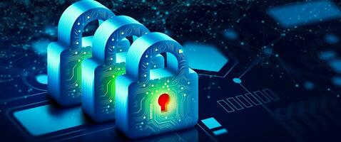 Padlock with Keyhole in data security on circuit. Modern safety digital Concept photo