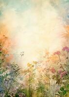 Delicate watercolor background with blurred wildflowers. photo