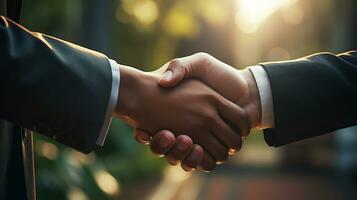 Businessmen making handshake with partner. Generative Ai. photo