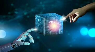 Ai Robot hand and Businessman hand pointing Cube technology. Cloud data with Artificial Intelligence. photo