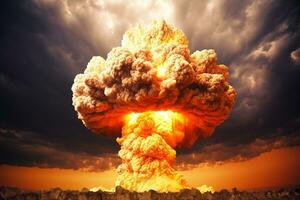 A modern nuclear bomb explosion in nuke war. Generative Ai. photo