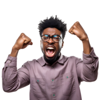 portrays young African American man, energetically expressing excitement against a white background suggestive of celebration AI Generated png