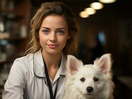 ai generado hermosa hembra veterinario médico abrazado linda contento perro en veterinario clínica. mascota salud controlar. foto