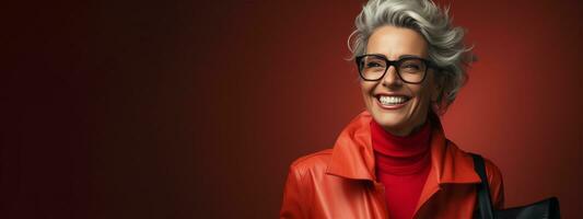 AI Generated stylish grayhaired woman about 50 wearing glasses and a red leather jacket on a colored background.banner or poster with copy space. photo