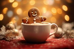 AI Generated Gingerbread man in a cup of hot chocolate on a Christmas background photo