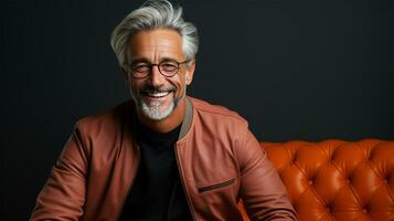 AI Generated smiling grayhaired man in glasses and a leather jacket on a leather orange sofa on a black background. copy space photo