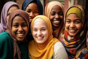 hermosa joven mujer en musulmán ropa en brillante colores risa a el cámara mientras en pie juntos. retrato de moderno joven mujeres.racial diversidad. De las mujeres Moda concepto.generativo ai foto