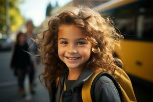 cheerful schoolgirl on a blurred background of a bus. Back to school.Generative AI photo