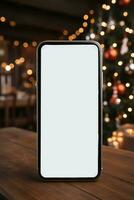 A hand holds a black smartphone with a blank screen on a Christmas background.copy space,mockup. Generated image photo