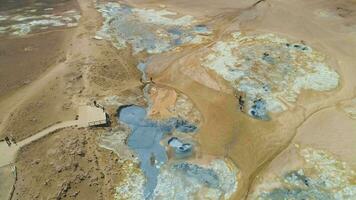 Hverir Geothermal Area and Sulfur Pools at Sunny Day. Iceland. Aerial View. Drone is Orbiting video