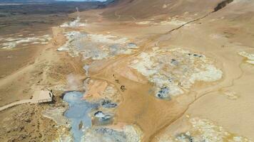 Hverir Geothermal Area and Tourists. Iceland. Aerial View. Drone Flies Forward, Tilt Down video