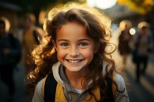 cheerful schoolgirl on a blurred background of a bus. Back to school.Generative AI photo