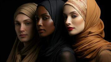 beautiful young women in Muslim clothing in pastel colors.Portrait of modern young women. Racial diversity. Women's fashion concept.Generative AI photo