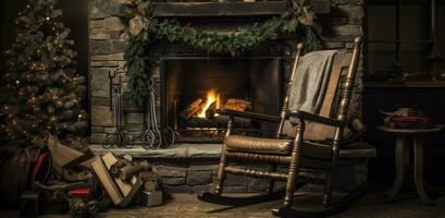 Christmas on a rocking chair in front of a fireplace.AI Generated photo