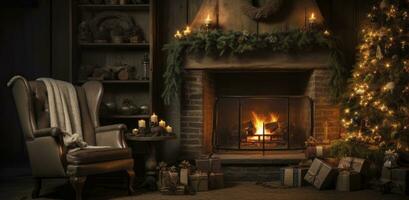 A fir tree is hung over a fireplace and rocking chair. AI Generated photo