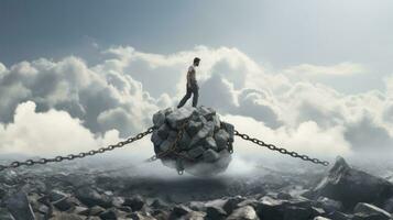 A man striding in the clouds on a cable chain. AI Generated photo