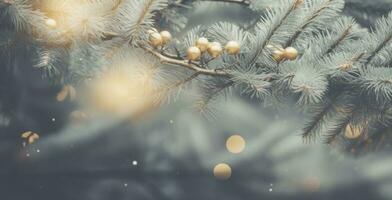 Golden pine branch with Christmas lights. Merry Christmas Background. AI Generated photo