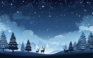 A holiday sky with Santa, reindeer and sleigh in the sky above trees.AI Generated photo