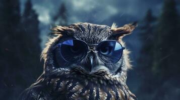 Owl wearing sunglasses on a mystical moonlit forest background. AI Generated photo