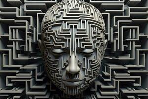 Computer human-canvas integration art 3D maze head design gothic futurism. AI Generated photo