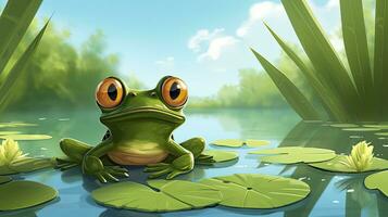 Frog on a lily pad-covered pond background. AI Generated photo