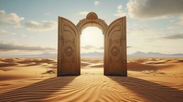 A vast desert landscape with golden sands and distant dunes. In the foreground, an intricately carved wooden door stands alone, slightly ajar, hinting at mysteries beyond. AI Generated photo