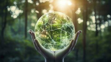 Hand holding connected globe with trees and other icons. AI Generated photo