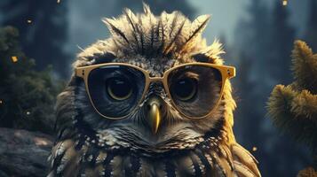 Owl wearing sunglasses on a mystical moonlit forest background. AI Generated photo