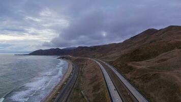 Highway 1 and Highway 101 along Pacific Ocean Coast in Evening. California, USA. Aerial Hyper Lapse, Time Lapse video