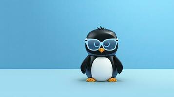 Penguin wearing sunglasses on a solid icy-blue background. AI Generative photo