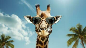 jirafa vistiendo Gafas de sol en un africano llanura con acacia arboles antecedentes. ai generado foto