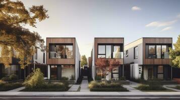 contemporáneo modular casas adosadas con minimalista arquitectónico exteriores. ai generado foto