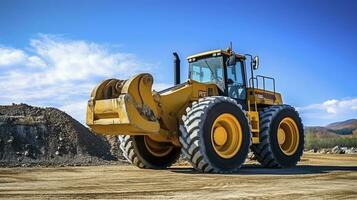 Powerful Wheel Bulldozer at Work on Construction Site Against a Clear Blue Sky. AI Generated photo