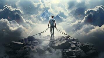 A man striding in the clouds on a cable chain. AI Generated photo