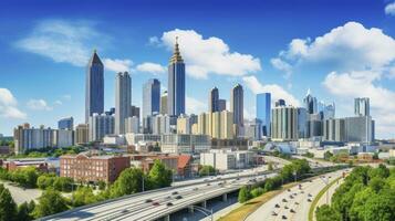Downtown Atlanta Skyline with Iconic Buildings Against Blue Sky. AI Generated photo