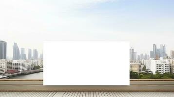 Panoramic Cityscape with Buildings and Blank Wooden Signboard. AI Generated photo