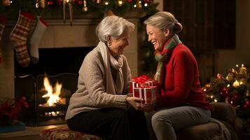 ai generative Couples of different ethnicity, gender and orientation, exchanging christmas gifts in warm decorated home photo