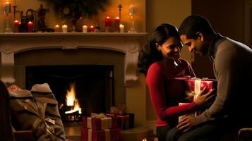 ai generative Couples of different ethnicity, gender and orientation, exchanging christmas gifts in warm decorated home photo