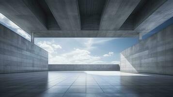 Perspective of Modern Concrete Hall Design with Blue Sky Background. AI Generated photo