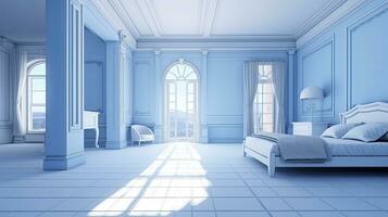 Modern Interior Design Beautiful Bad Room with Clean Blue and White Color Palette and Natural Light. AI Generated photo