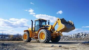 Powerful Wheel Bulldozer at Work on Construction Site Against a Clear Blue Sky. AI Generated photo