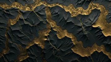 Golden black topographic relief abstract background. Generative AI photo