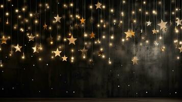 Garland with golden stars blurry bokeh on grunge wall background. Generative AI photo