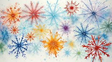 Watercolor painted winter colorful snowflakes abstract background. Generative AI photo