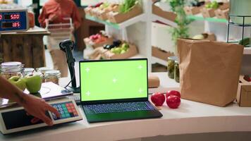 Merchant at checkout uses laptop running greenscreen template on display, young man working at local organic supermarket looks at isolated mockup. Vendor waits for buyers at cash register. video