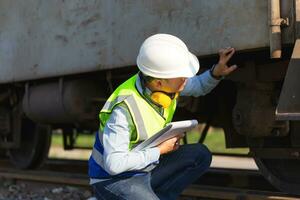 profesional técnico pre chequeo carga trenes, ingeniero hombre trabajando en carga tren plataforma, técnico control S el exactitud de el carga auto, la seguridad conceptos foto