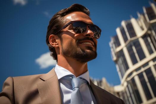 Portrait of young Emirati businessman with sunglasses, created with generative AI photo