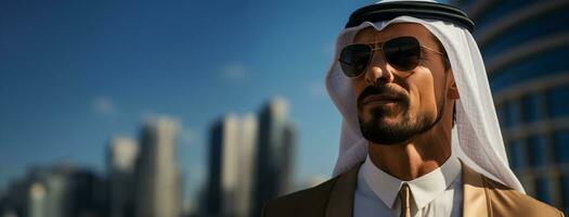 retrato de joven emirati empresario con Gafas de sol, creado con generativo ai foto