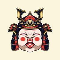 cartoon samurai helmet with red face vector