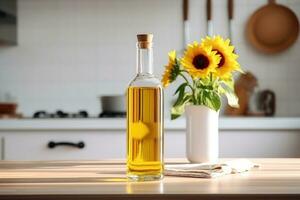 Organic sunflower oil in a small glass jar with sunflower fresh flowers on the table photo